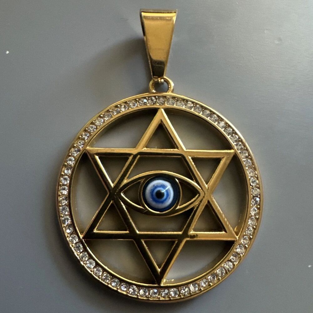 Stainless Steel Jewish Star of David 24” Chain Gold Cubic Zirconia Israel Eye